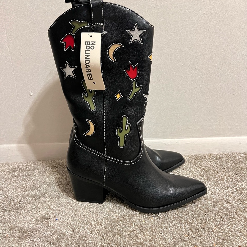 No Boundaries Black Heeled Boots with Colorful Designs